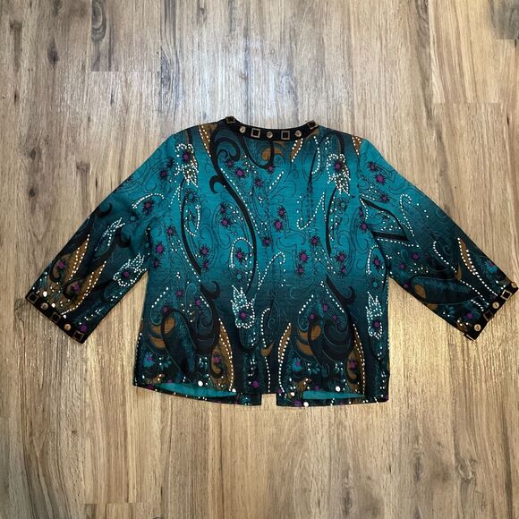 Trenz by Theresa Renz Silk Cardigan Artsy Floral Jacket Wood Buttons‎ Size Large - Picture 6 of 9